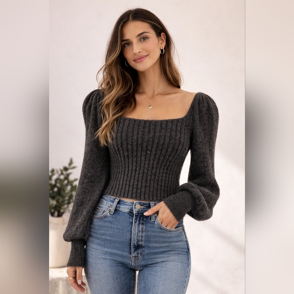 Free People Sweaters - Free People Katie Ribbed Cropped Sweater Black Combo XS Puff Sleeve